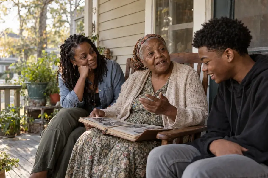 A grandmother on her porch showing a family photo album to her daughter and grandson